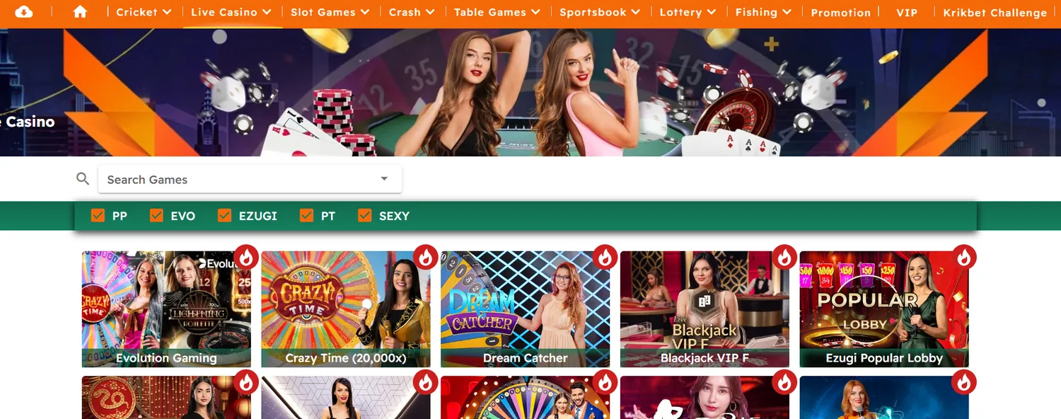 Krikya Casino games selection